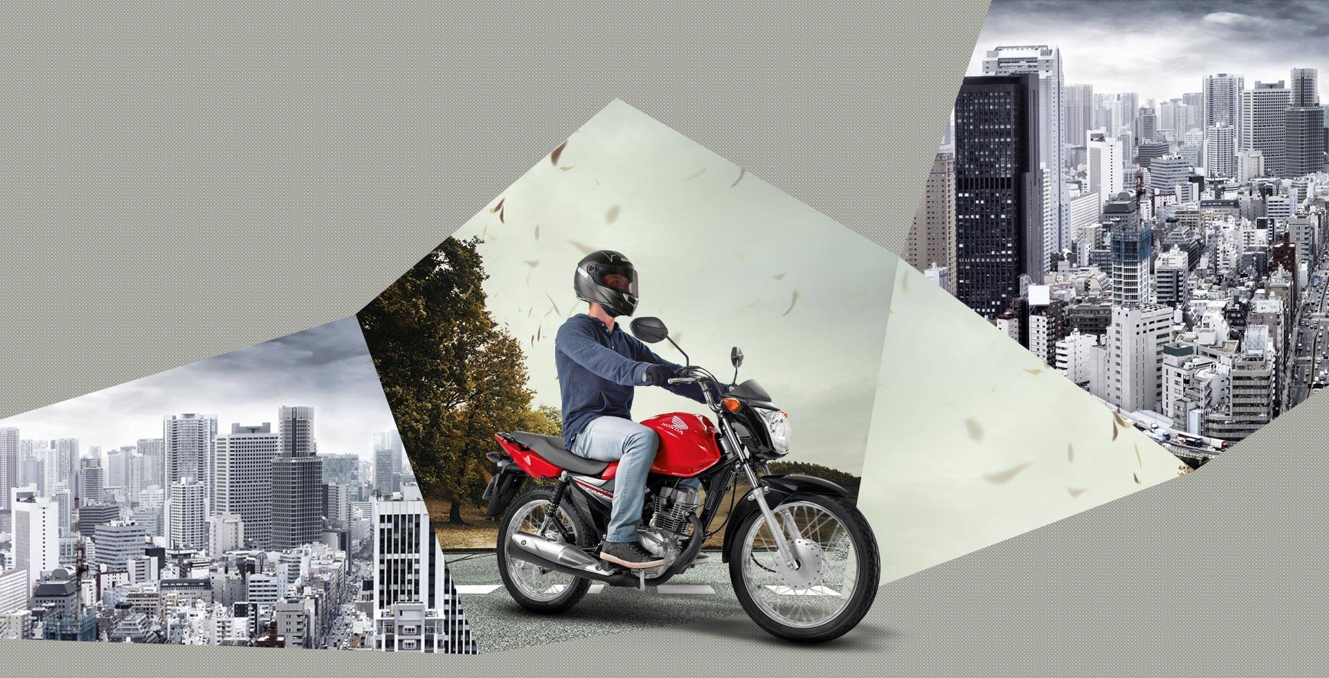 Piloto em cima da moto Honda vermelha com prédios e cidade ao fundo