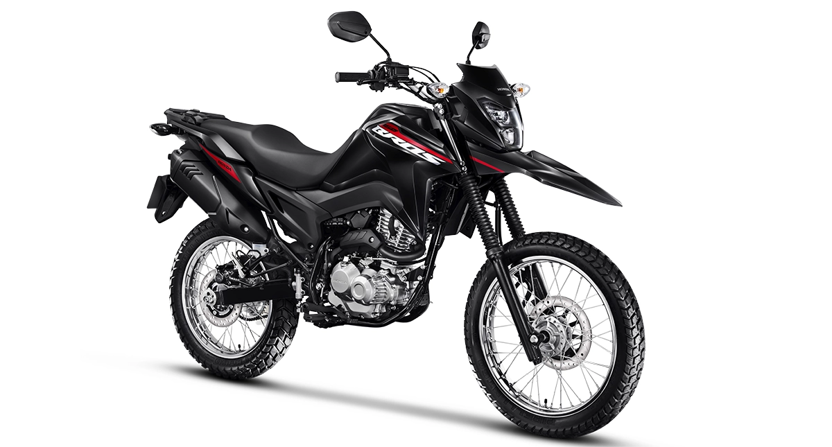 Frente e direita da moto Honda Bros 160 preta 2025