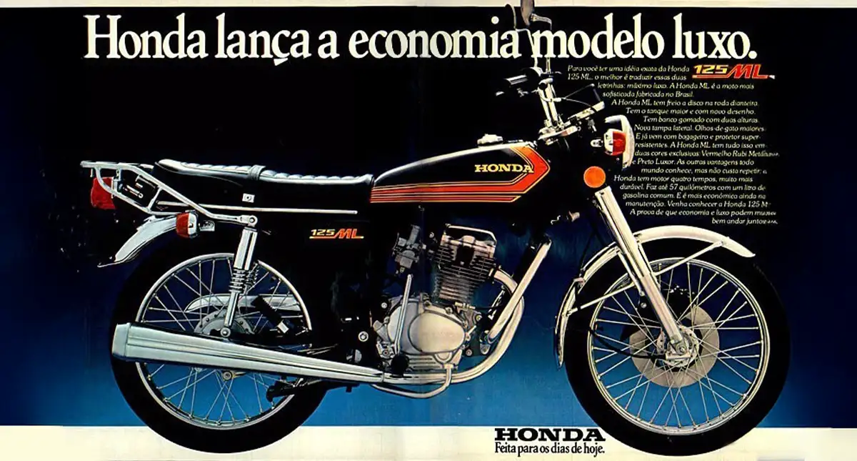 Propaganda da Moto Honda 125 ML de 1978, destacando sua economia e modelo de luxo